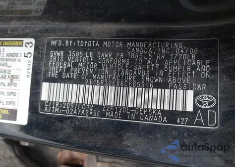 2006 Toyota Corolla S из США, поврежденный, VIN 2T1BR32EX6C665916